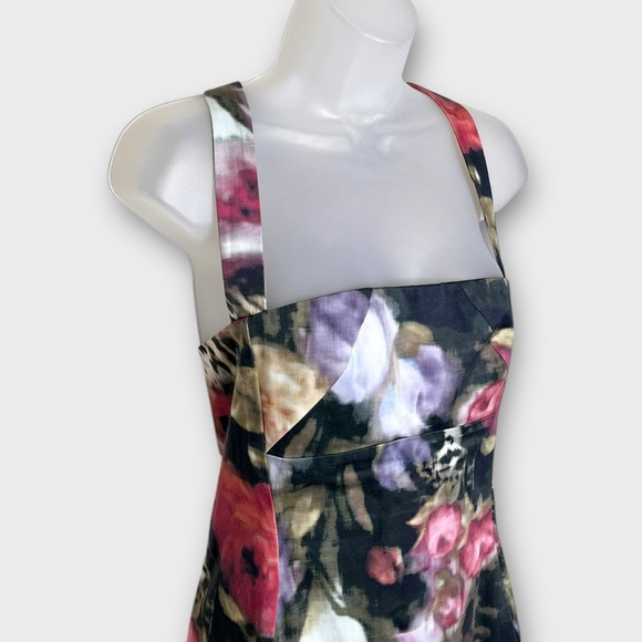 BLACK HALO moody watercolor floral square neck midi pencil sheath dress size 4 - Picture 3 of 6